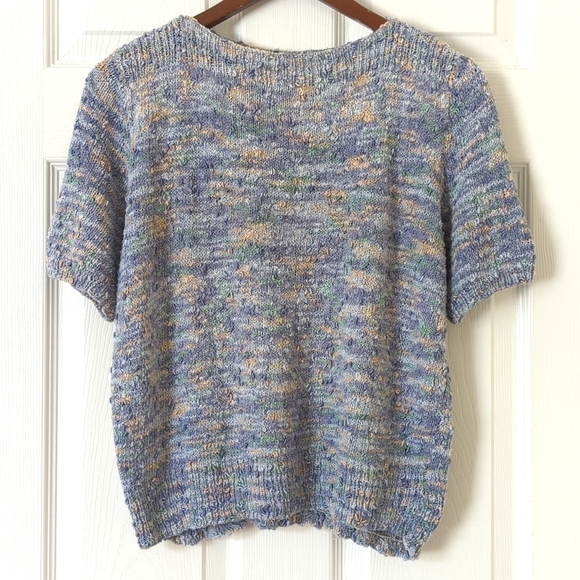 90's Vintage Handmade Marled Knit Boat Neck Short Sleeve Sweater Purple Medium - Picture 1 of 9